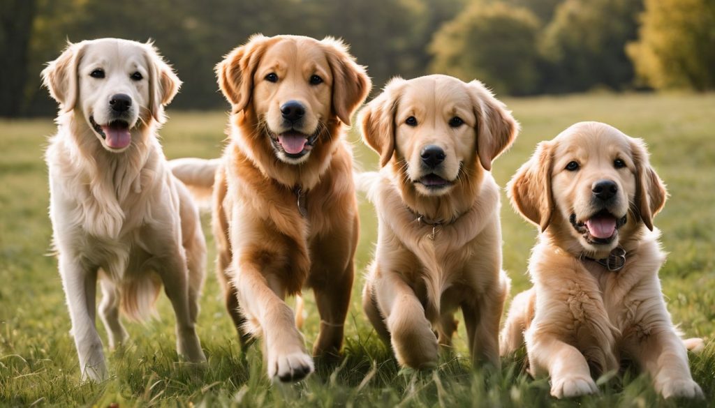 Ein Gruppe von sechs verschiedenen Retriever-Rassen spielt in einem grasbewachsenen Feld. Ein Gruppe von sechs verschiedenen Retriever-Rassen spielt in einem grasbewachsenen Feld.