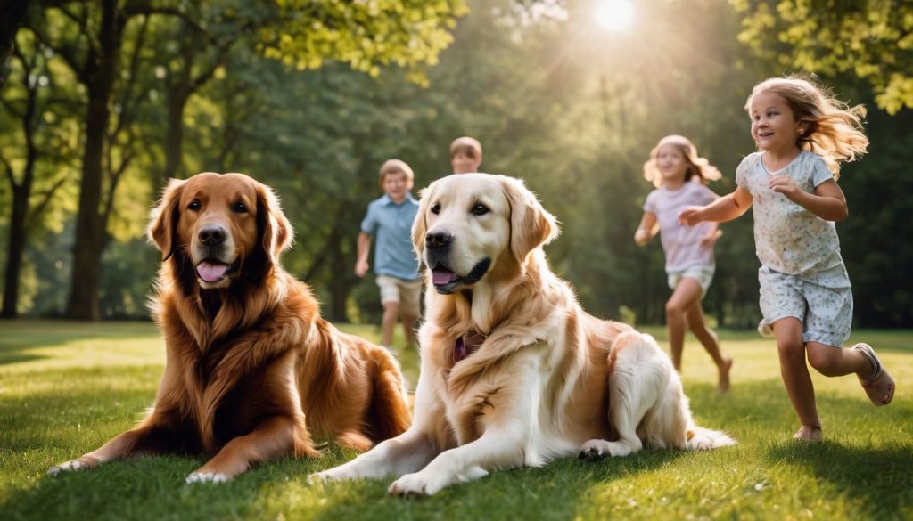 Eine Familie von sechs verschiedenen Retriever-Rassen spielt in einem üppig grünen Park. Retriever spielen mit Kindern